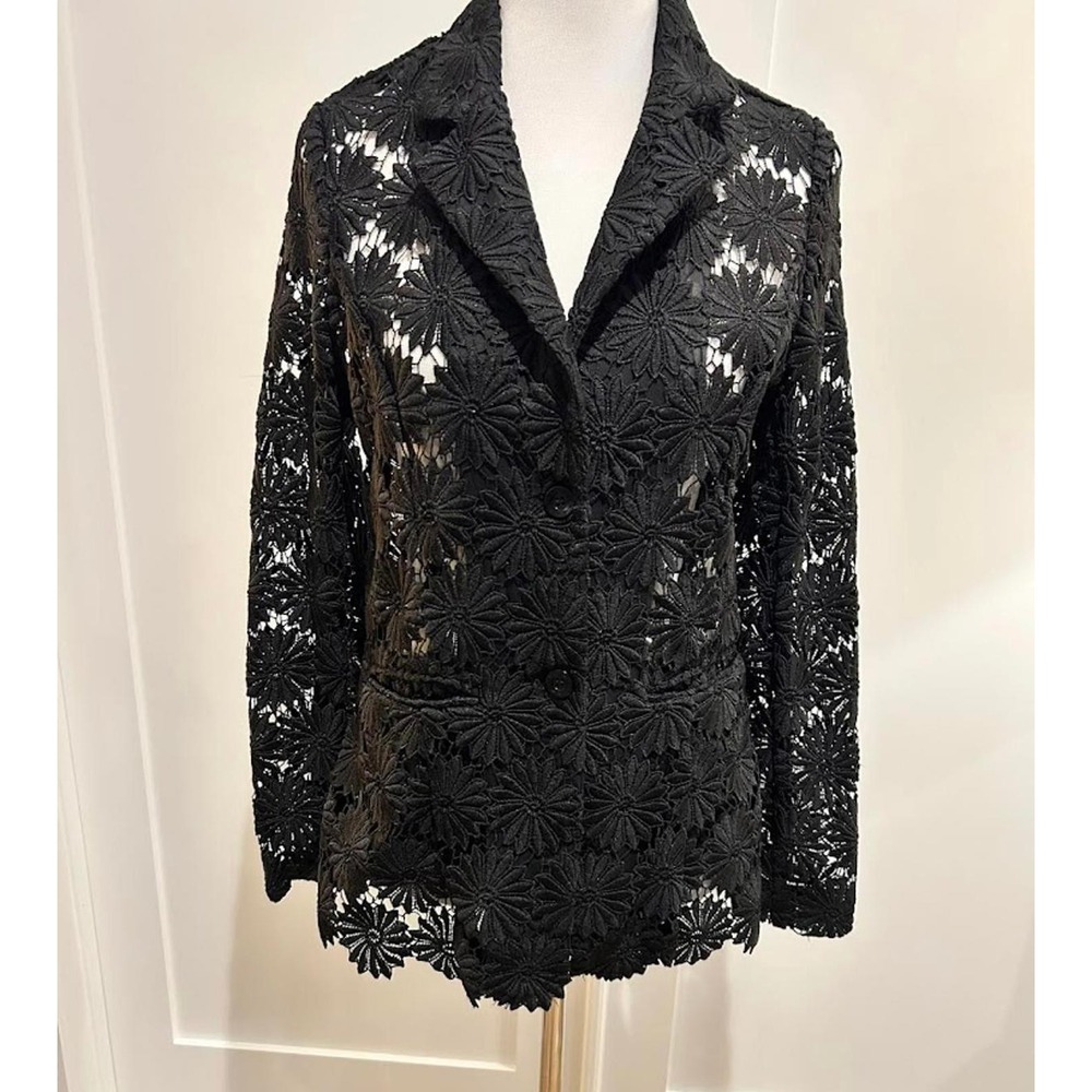 Berek Black Floral Guipure Lace Blazer Sheer Button Front Jacket Medium